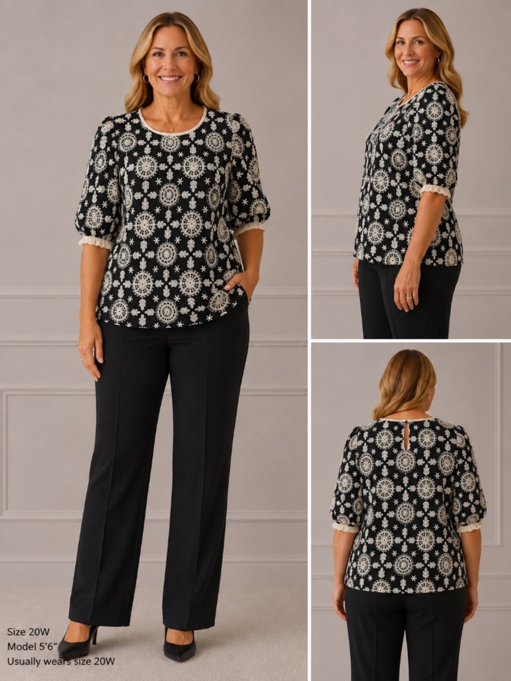 Black & Ivory Embroidered Floral Boho Blouse Plus Size 2X